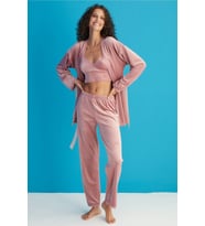 Luxury Velvet Fransız Kadife 3 Parça Sabahlıklı Büstiyer Takım (Pembe)