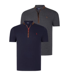 İKİLİ SET T8571 DEWBERRY FERMUARLI ERKEK T-SHIRT-ANTRASİT-LACİVERT
