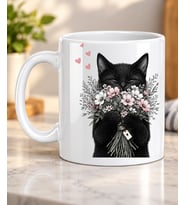 Çiçekli Kara Kedi Silüeti Desenli Sanatsal Kedi Severlere Hediye Porselen Kupa Bardak