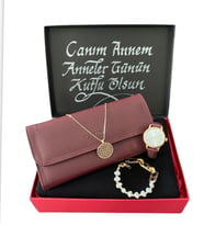 Anneler Günü Bordo Kol Saati- Cüzdan-Siyah Penye Şal-Kolye-Bileklik Set