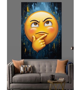 Düşünen Sarı Emoji Yüzü Dekoratif Kanvas - Mdf Ahşap Tablo