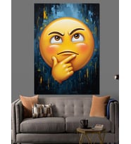 Düşünen Sarı Emoji Yüzü Dekoratif Kanvas - Mdf Ahşap Tablo