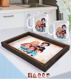 BK Gift Kişiye Özel Aile Karikatürlü Doğal Ahşap Tepsi ve 2’li Kupa Bardak Seti-7