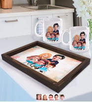 BK Gift Kişiye Özel Aile Karikatürlü Doğal Ahşap Tepsi ve 2’li Kupa Bardak Seti-7