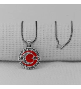 Gravur İşlemeli  Ay Yıldız Orta Boy  925 Ayar Gümüş Erkek Kolye
