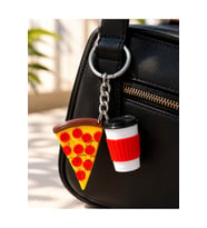 Hareketli Pizza ve Kahve Temalı 2'li Çanta Charmı - Premium Dayanıklı Silver Anahtarlık