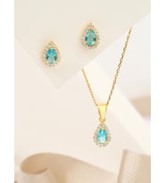 925 Ayar Sarı Altın Kaplama Aqua marin Taşlı Damla İkili Gümüş Set