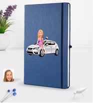 BK Gift Kişiye Özel Plakalı Kadın Seat Leon Karikatürlü Lacivert Termo Deri Defter 16x24cm Model 2