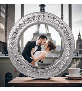 Kişiye Özel Fotoğraf Basklı Metal Tabak Plaket Gül Desenli Gold ve Gümüş Model 25 CM