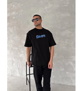 Ön Ve Arka Baskılı Oversize Bisiklet Yaka T-shirt- Siyah