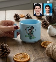 Kişiye Özel Karikatürlü Yeşil Beyaz Baba Oğul T Pastel Kupa Babalar Günü Hediyesi