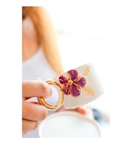 Orkide Desenli 24k Altın Detaylı Handmade 100ml Türk Kahvesi Fincan ve Tabak