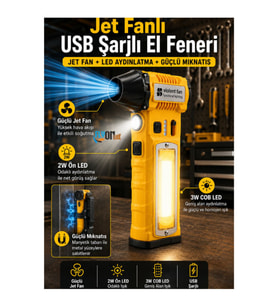 Jet Fanlı USB Şarjlı El Feneri 2W Ön LED 3W COB LED Işık 800 Lümen Fanlı Lamba Mıknatıslı Aparatlı Çok Fonksiyonlu