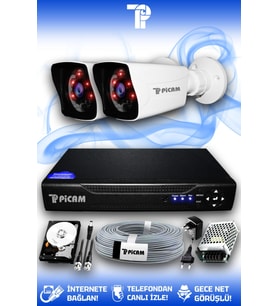 PICAM 2 Kameralı Kare 2 Dış Kamera Set 2 TB HDD Full HD Gece Görüşlü Güvenlik Kamerası Sistemi