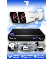 PICAM 2 Kameralı Kare 2 Dış Kamera Set 2 TB HDD Full HD Gece Görüşlü Güvenlik Kamerası Sistemi