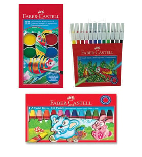 Faber Castell Pastel Boya 12 li - Keçeli Boya Kalemi 12 li - Sulu Boya 12 li - 3 lü Set