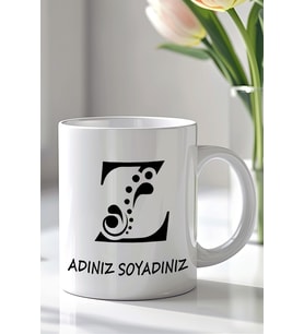 Kişiselleştirilebilir Z Harfi Tasarımlı 330ml Baskılı Beyaz Seramik Kupa Bardak (Siyah Beyaz Baskili)
