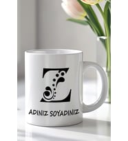 Kişiselleştirilebilir Z Harfi Tasarımlı 330ml Baskılı Beyaz Seramik Kupa Bardak (Siyah Beyaz Baskili)