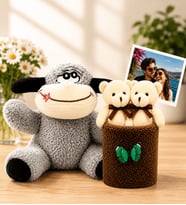 Kişiye Özel Fotoğraflı 2'li Peluş Ayıcık Buketi ve Peluş Eşek Hediye Seti