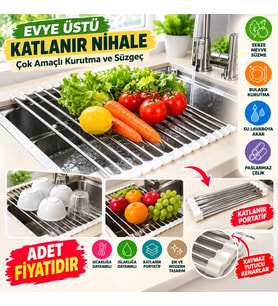 Mey İthalat® Evye Üstü Katlanır Nihale Paslanmaz Çelik Pratik Sebze Meyve Bulaşık Kurutma Süzgeci (adet fiyatıdır)
