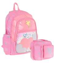 Kaukko Kids Pullu Bulut Desenli, Kız Çocuk Pembe Okul Çantası + Beslenme Çantası Seti (L5218+L7218)