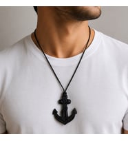 Siyah Çapa Kolye Gerçek Deri Kordonlu Unisex Denizci Temalı Kolye