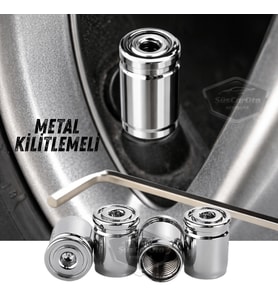 Kilitlemeli Sibop Kapağı Alyanlı Sibop Kapağı Araba Motosiklet Bisiklet Metal Sıkmalı Gümüş 4 lü