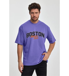Erkek Oversize %100 Pamuk Boston Baskılı T-shirt Mor Edw044