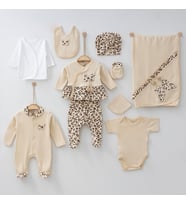 KIZ BEBEK 0-3 AY LEOPAR DESENLİ KELEBEK NAKIŞLI HASTANE ÇIKIŞI ZIBIN SETİ %100 PAMUK (Bej)