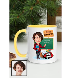 Kadın Türkçe Öğretmenine Hediye Karikatürlü Sarı Kupa Bardak