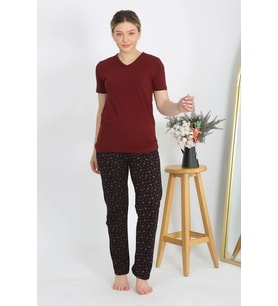 Kadın Kısa Kol Pamuk Penye Pijama Takım Bordo