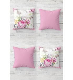 Gül Buketi ve Kelebek Vintage Gizli Fermuarlı Kırlent Kılıfı Koltuk Yastık Kılıfı Takım(4ADET) (Pembe-Beyaz)