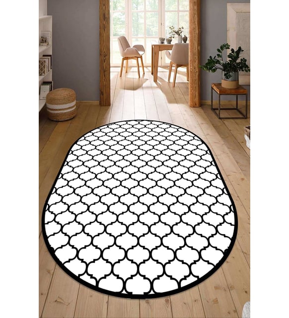 Dijital Baskılı Kaymaz Taban Yıkanabilir Oval Salon Halısı Mutfak Halısı Yolluk NDO-HT-545 (Beyaz)
