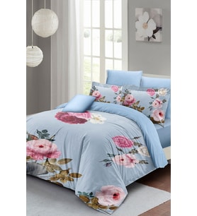Lastikli Çarşaflı %100 Pamuk Saten Çift Kişilik Nevresim Takımı Blue Flower