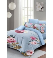 Lastikli Çarşaflı %100 Pamuk Saten Çift Kişilik Nevresim Takımı Blue Flower