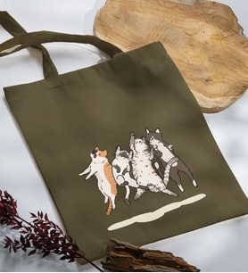 BK Gift Kediler Tasarımlı Haki Kumaş Bez Çanta, Baskılı Omuz Çantası, Alışveriş Çantası, Arkadaşa Hediye-2