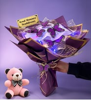 Kişiye Özel Tasarım Renkli Led Işıklı Kelebek Buketi & Peluş Anahtarlık