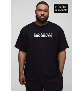 Erkek Büyük Beden Willams.Brooklyn Baskılı Bisiklet Yaka Tshırt SPR25BTS15 (Siyah)