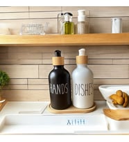 Brokoli Home 2 Adet  Siyah Beyaz Dekoratif Mutfak Banyo Sıvı Cam Sabunluk Seti  Bambu Stantlı Set (Standart)