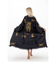 Müslin Kimono %100 Pamuklu Leopar Baskılı Desenli Bornoz Kaftan Sabahlık (Siyah)