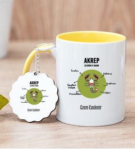 Kişiye Özel Akrep Burcuna Hediye Sarı Kupa Bardak ve Anahtarlık