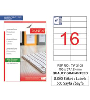 Tanex Lazer Etiket tw-2105 500 A4 Sayfa Laser Etiket 105 X 37 mm Boyutunda 1 A4 Sayfada 16 Etiket