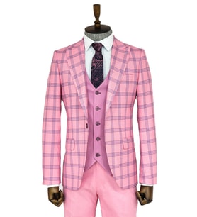 Ekose Ceketli Desenli Slim Fit Pembe Erkek Takım Elbise - Wessi (Bordo)