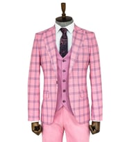Ekose Ceketli Desenli Slim Fit Pembe Erkek Takım Elbise - Wessi (Bordo)