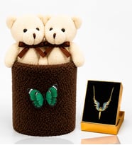 Peluş Saksıda Peluş Ayıcık Buketi ve Mikail Meleği Kolye Kadına Sevgiliye Arkadaşa Hediye Seti