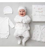 KIZ BEBEK 0-3 AY ÇİÇEK NAKIŞLI %100 ORGANİK PAMUK 10 LU ZIBIN TAKIMI (Ekru)