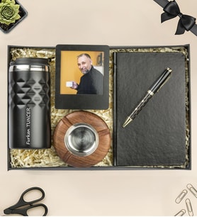 Premium Defter,Kalem,Doğal Ahşap Küllük,Fotoğraflı Çerçeve Ve Termos Hediye Seti