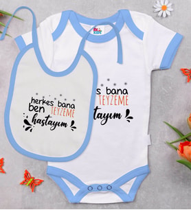 BK Kids Herkes Bana Ben Teyzeme Hastayım Tasarımlı Mavi Bebek Body Zıbın ve Mama Önlüğü Hediye Seti-1