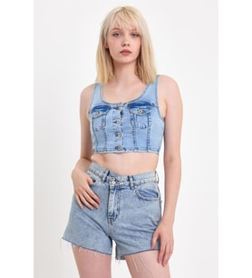 Explode - Kadın Önü Düğmeli Cep Detaylı Askılı Denim Crop  Açık Mavi