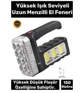 Premium 3 Modlu 150 Metre Mesafeli Işık Usb Şarjlı Solar Panelli Ledli El Fener Aydınlatma